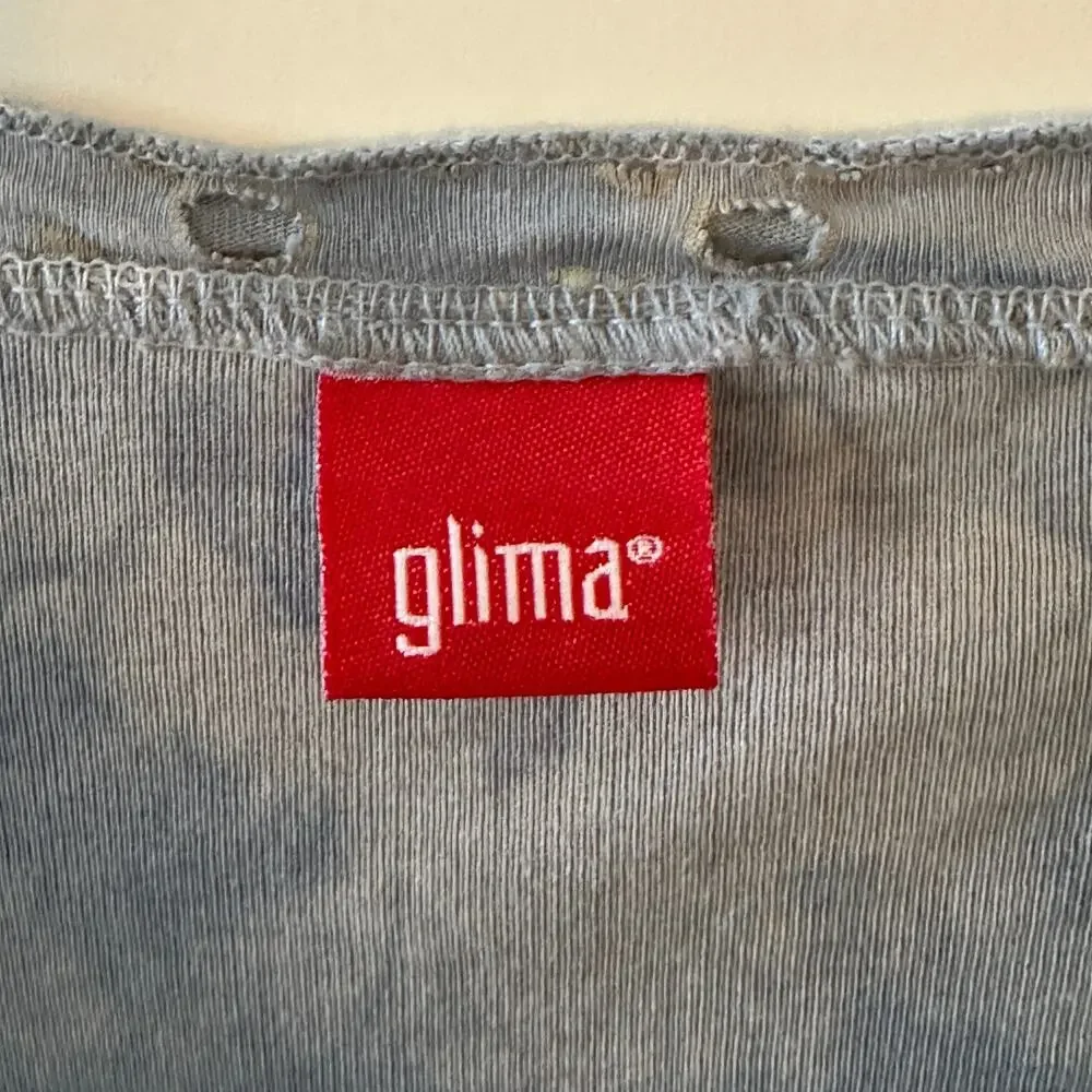 Glima Mineral Washed Knit Top Womens XL Light Blue Eyelet Sleeves Trim Boho Tee